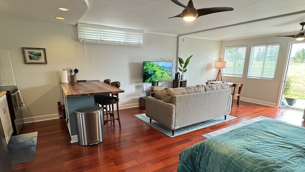 A spacious room with a bed, a sofa, a dining area, and a TV. - Spacious Studio Near Beaches & Dining (Waikoloa)