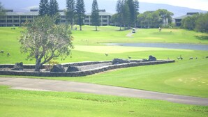 A golf course with a pond, a tree, and a building in the background. - Spacious Studio Near Beaches & Dining (Waikoloa)