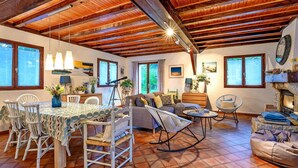 A cozy living room with a wooden ceiling, a dining area with a patterned tablecloth, and a fireplace.
