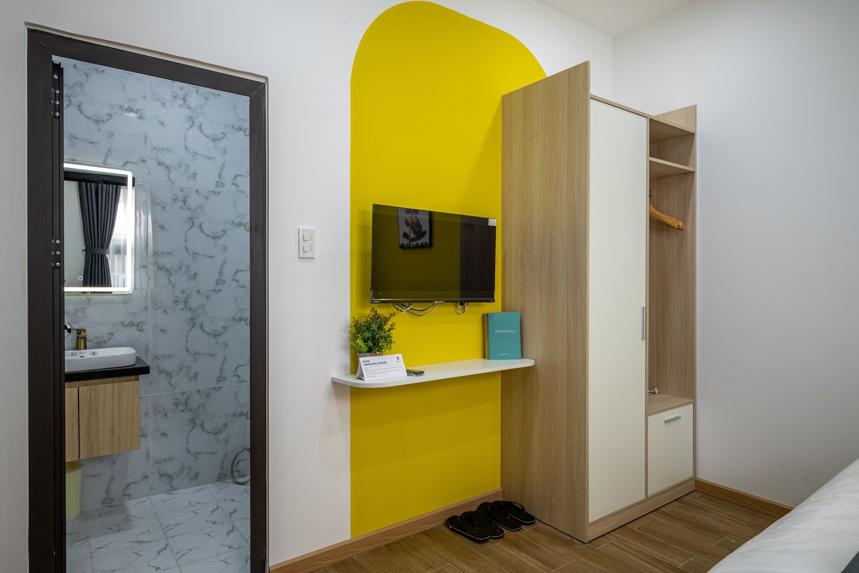 A bedroom with a bed, a wardrobe, a television mounted on the wall, a small shelf with a plant and a book, and a bathroom with a sink and mirror.