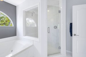 Shower, jetted tub, hair dryer, towels