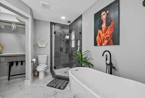 Shower, hair dryer, towels, soap
