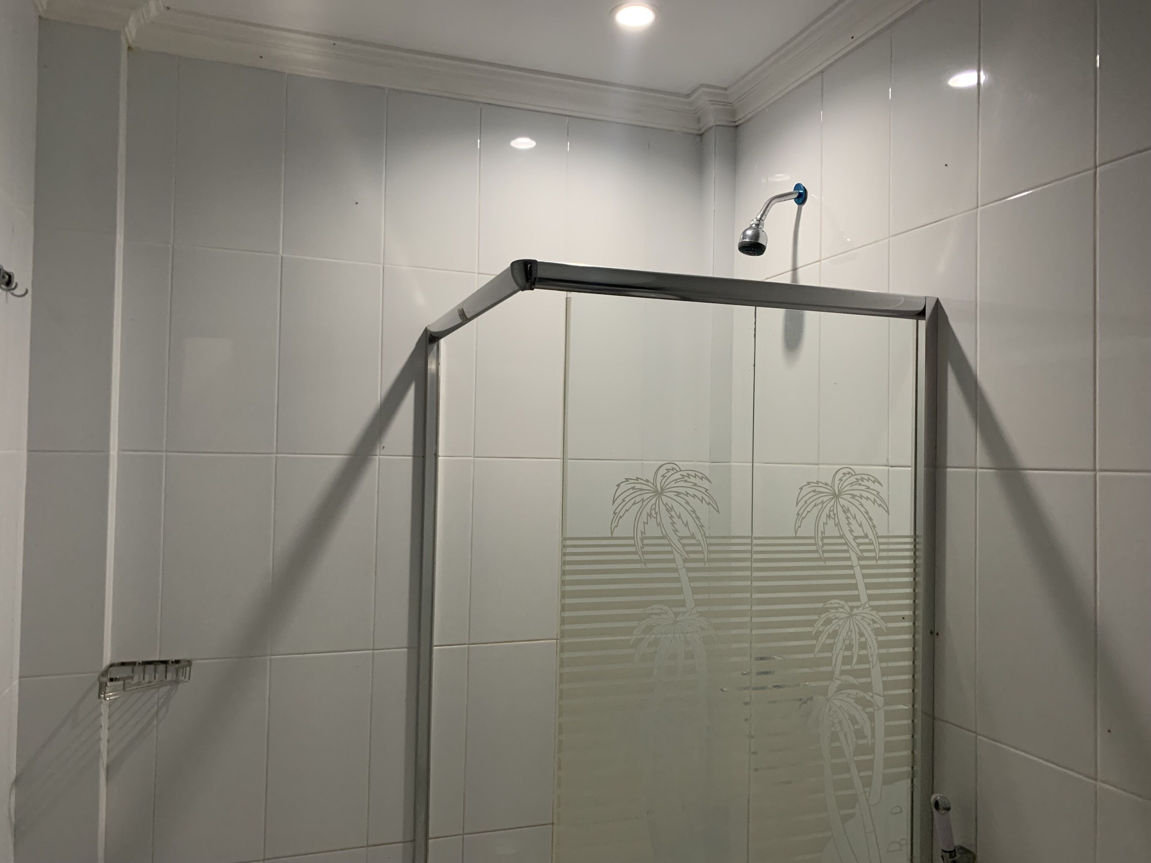 Un espace de douche doté d’une porte en verre, de murs recouverts de carreaux blancs et d’une pomme de douche fixée au plafond.