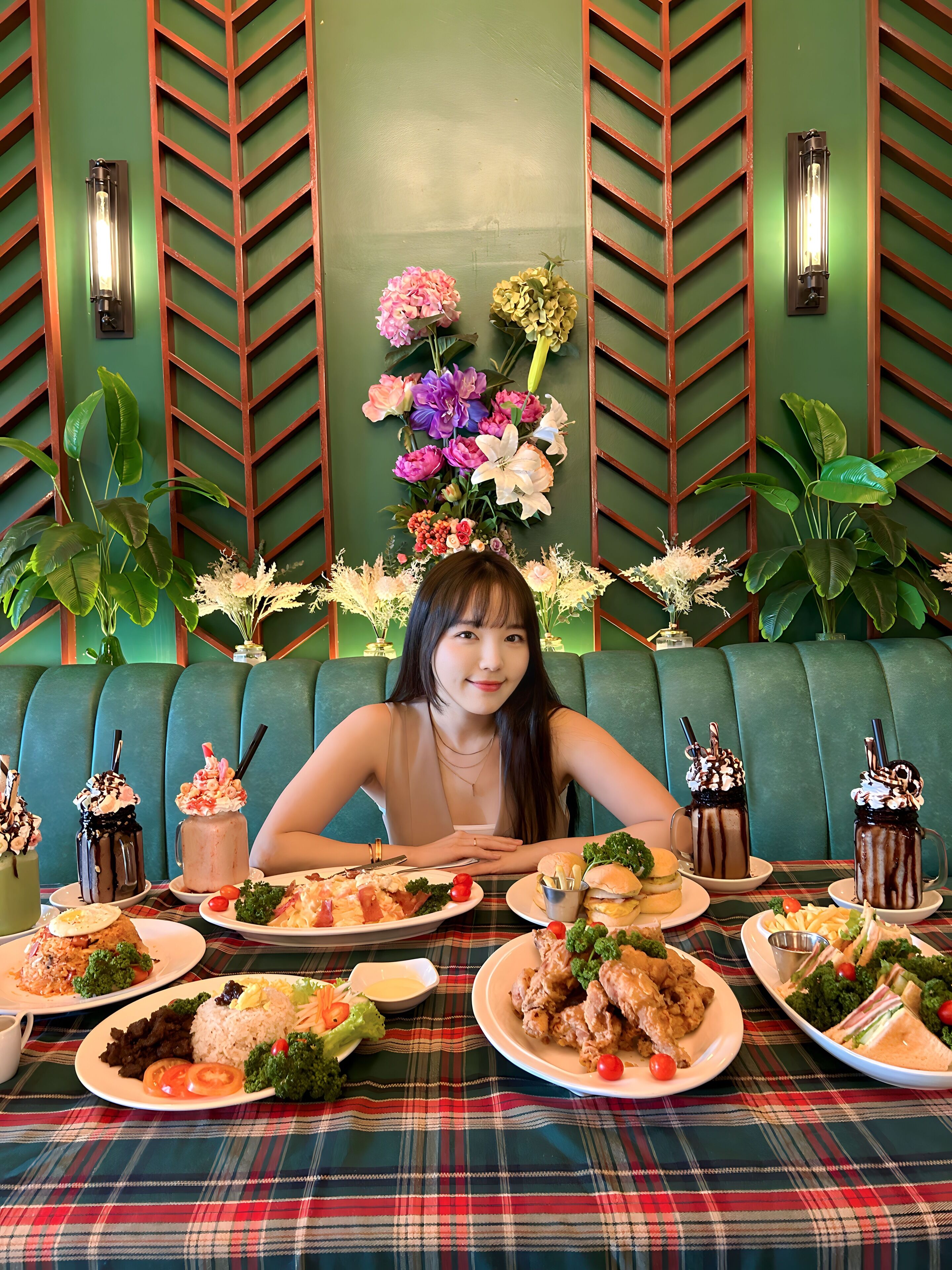 A dining area with a green upholstered booth, a table set with various dishes, and decorative floral arrangements.
