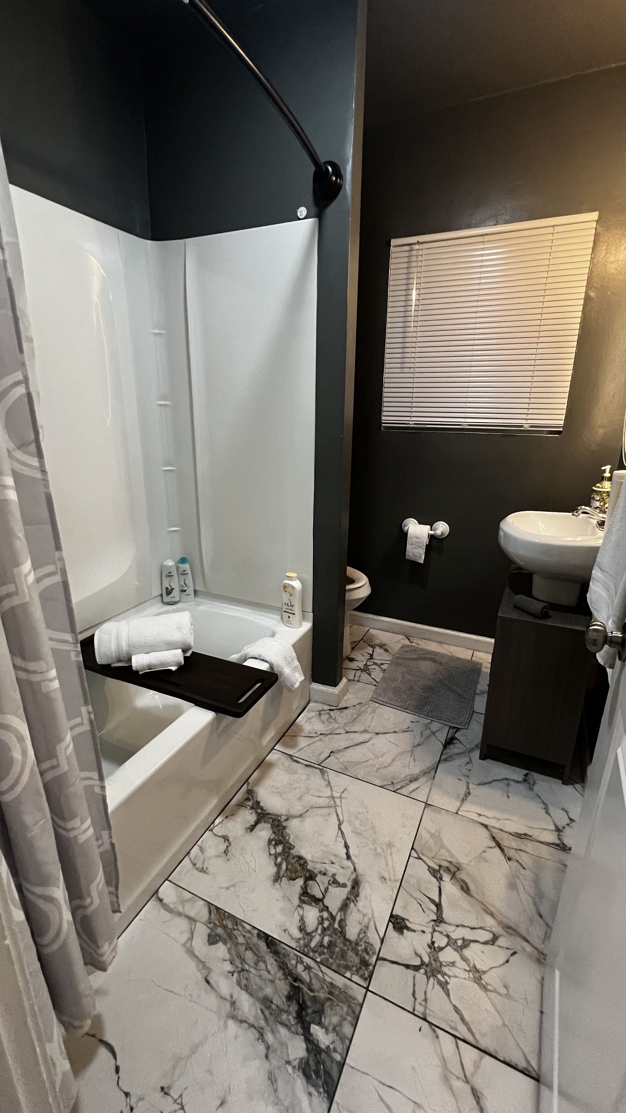 Hair dryer, towels, soap, shampoo