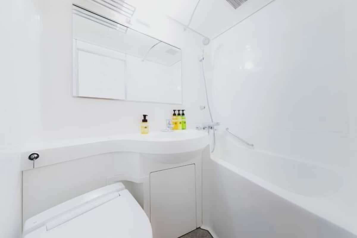 Combined shower/bathtub, free toiletries, hair dryer, towels