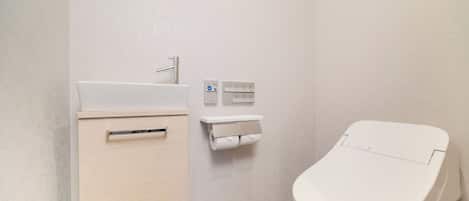 A bathroom with a toilet, a sink, and a toilet paper holder.