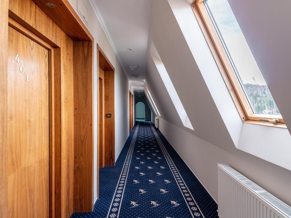 A narrow hallway with wooden doors, a patterned carpet, and skylights.