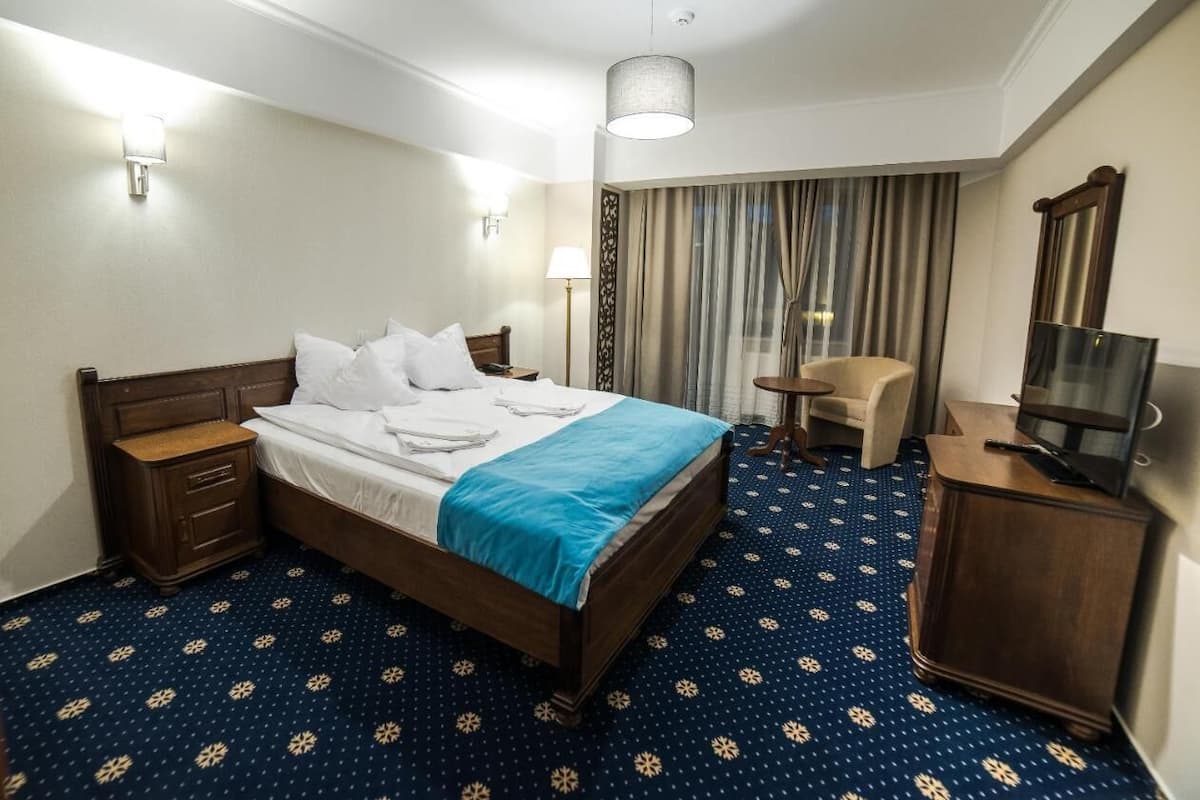 A hotel room with a large bed, a bedside table, a chair, a TV, and a mirror.