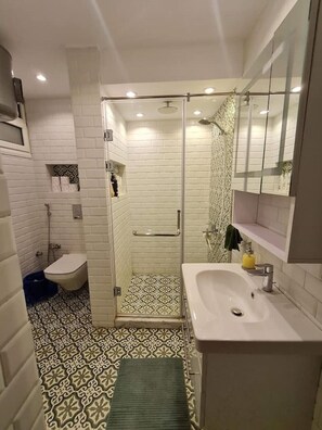 Secador de cabelo, toalhas de banho, sabonete, papel higiênico