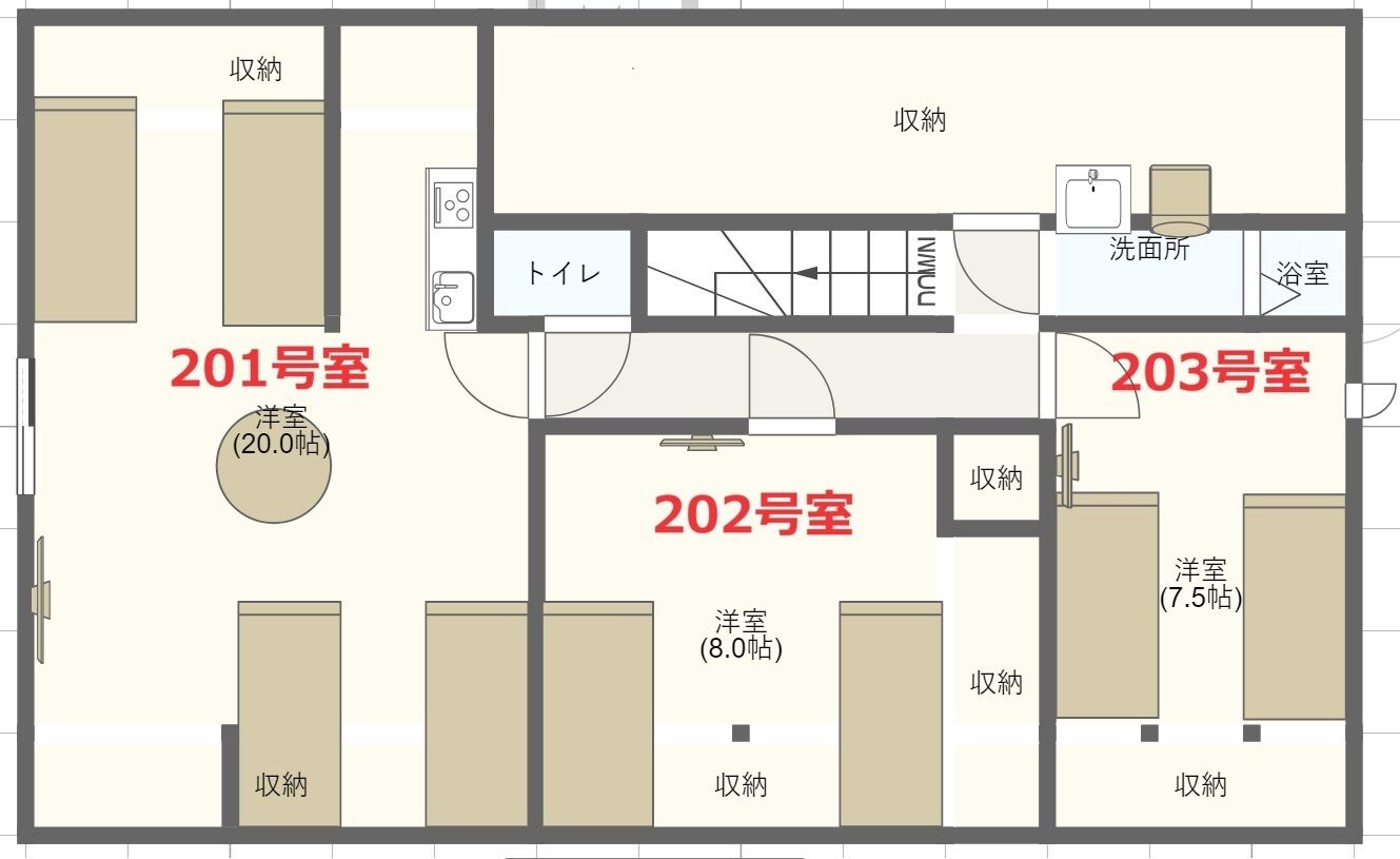 Voici un plan d’étage d’un hôtel avec trois chambres, numérotées 201, 202 et 203. La chambre 201 a une superficie de 20,0 unités, la chambre 202 a une superficie de 8,0 unités et la chambre 203 a une superficie de 7,5 unités. Chaque chambre est équipée d’une salle de bain et d’un placard.