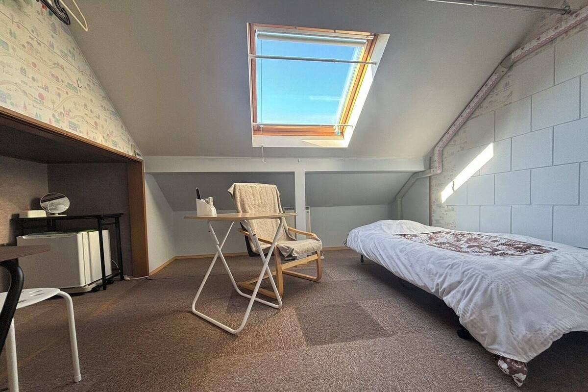 A small, compact room with a sloped ceiling, a skylight, a bed, a chair, and a desk with a computer.