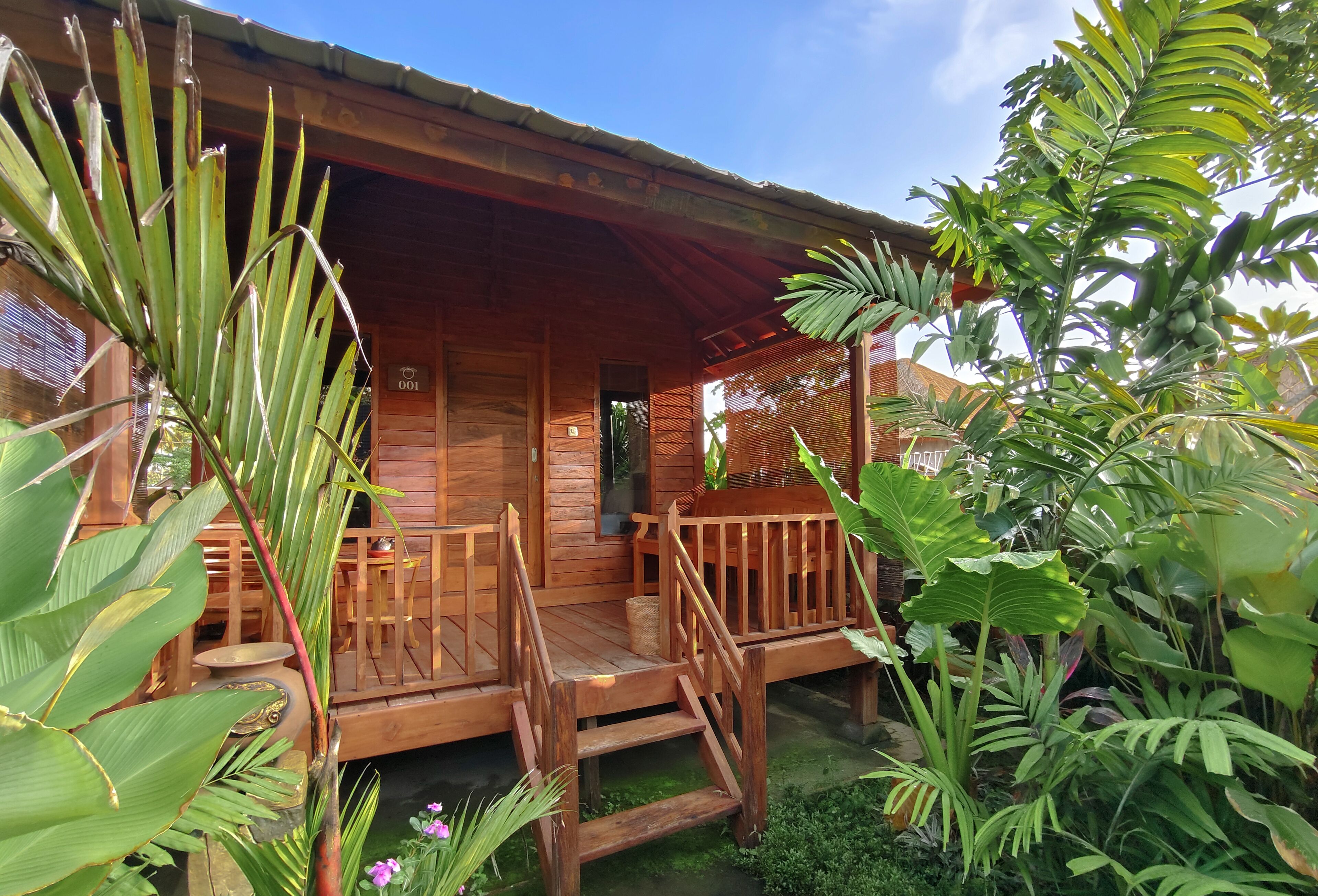Una cabaña de madera con porche y escalones, rodeada de exuberante vegetación tropical.