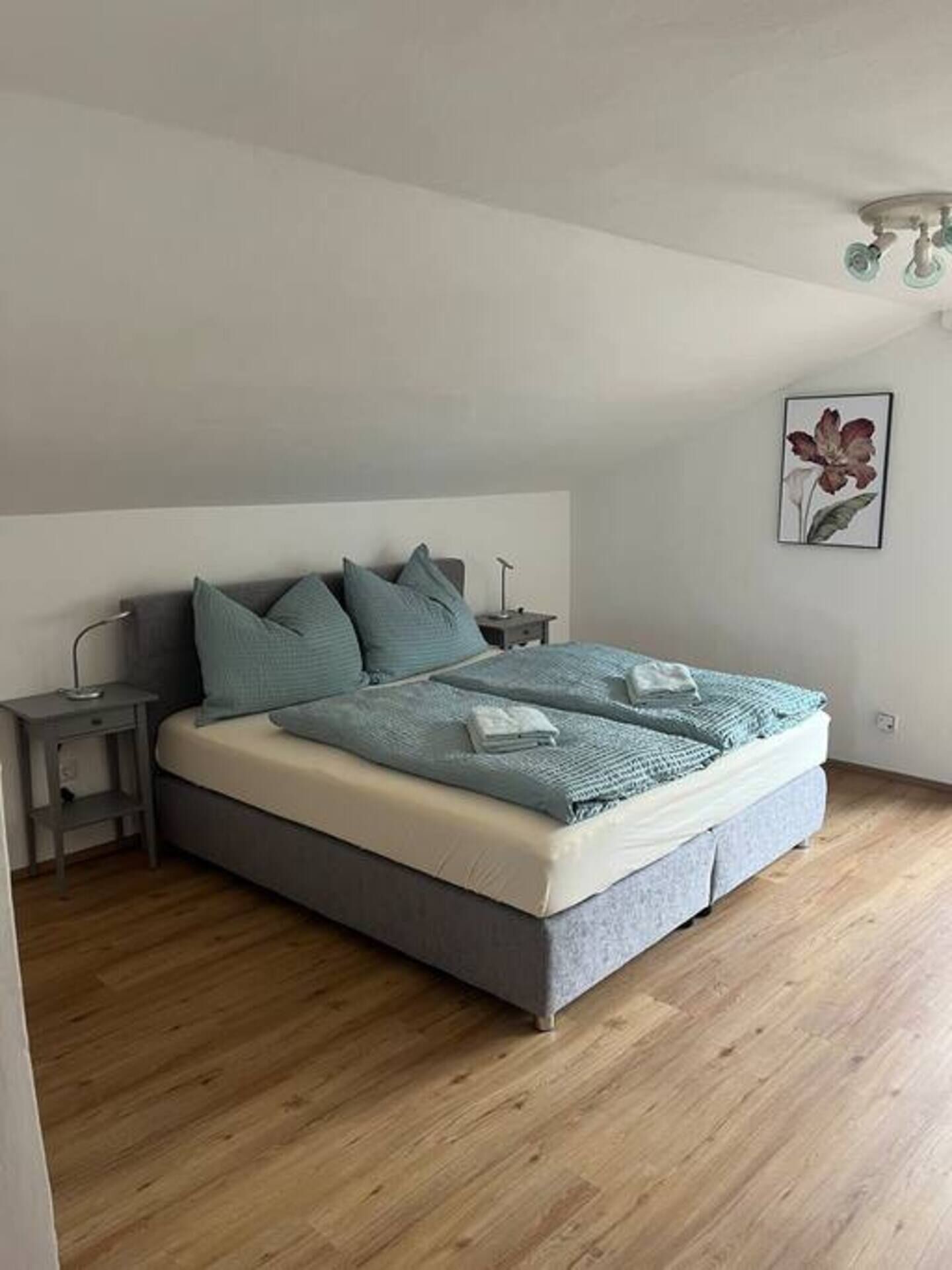 A bedroom with a bed, nightstands, a wall-mounted lamp, and a framed picture.
