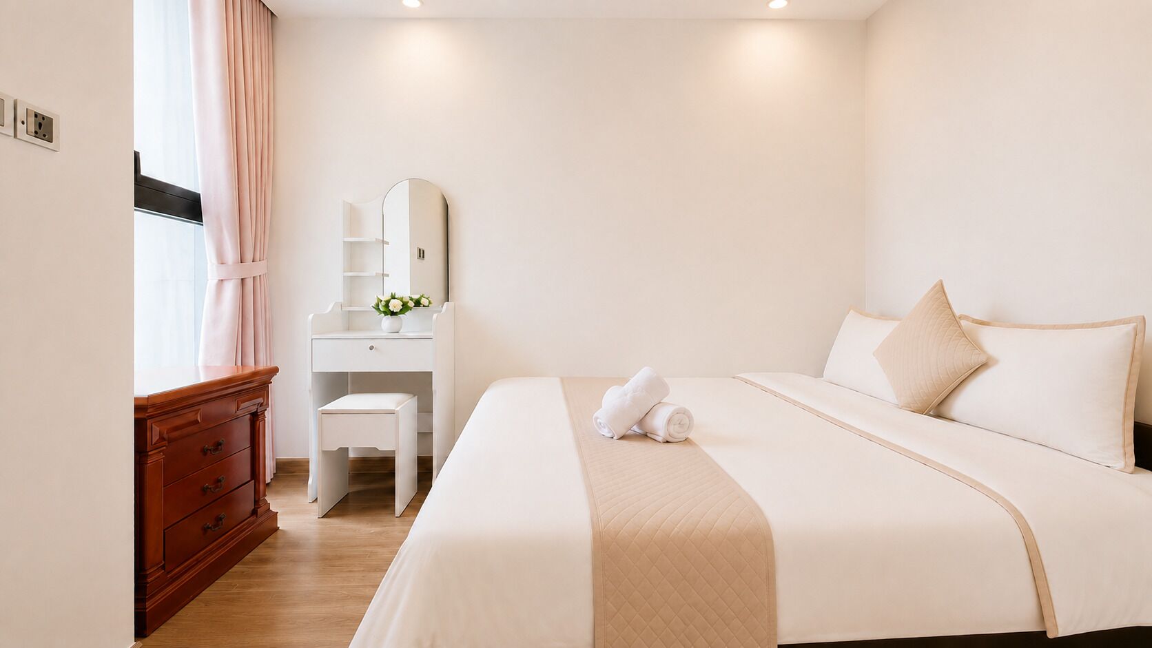 A hotel room with a bed, a desk, a dresser, and a mirror.