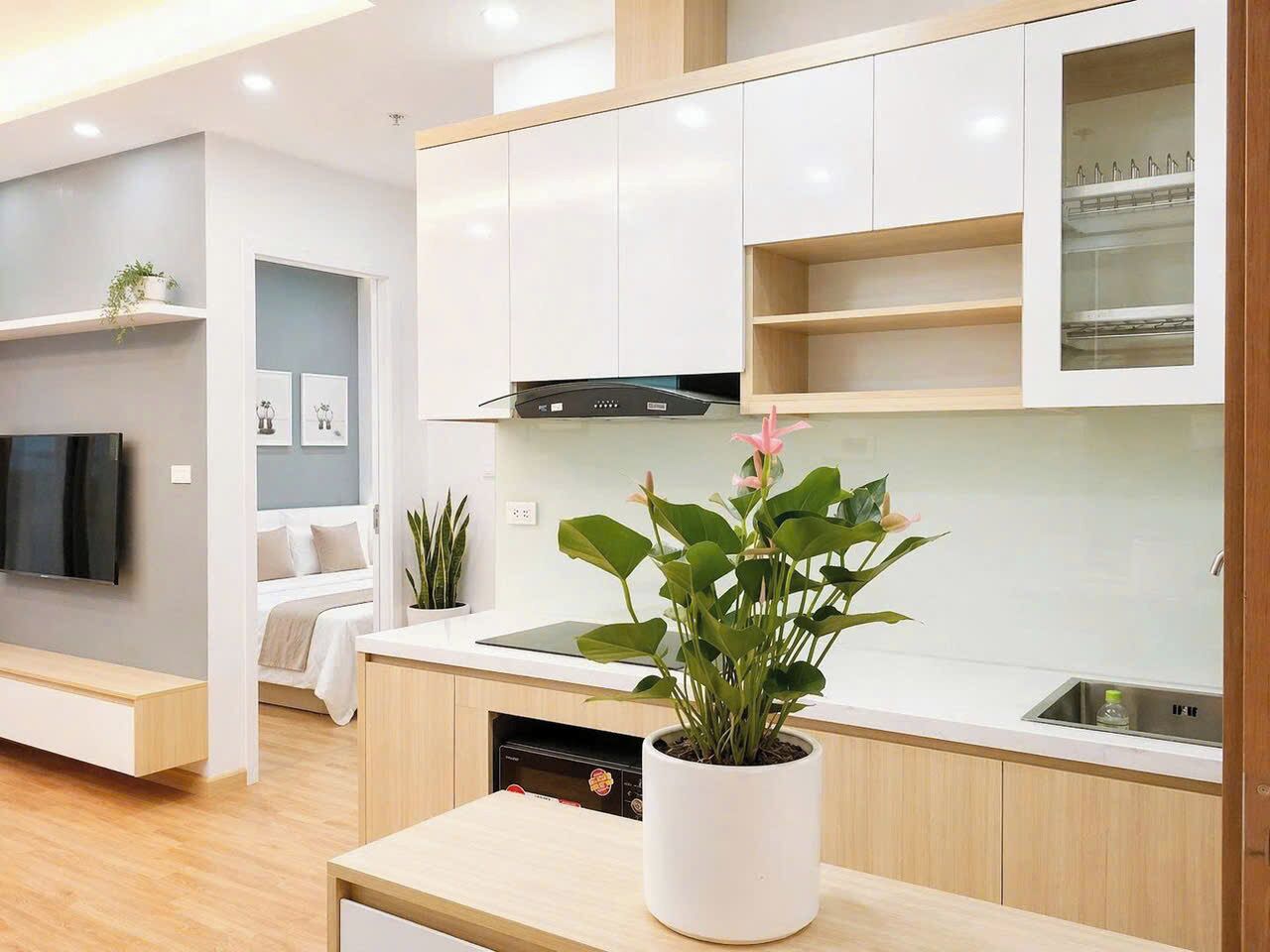 Een moderne keuken met witte kastjes, een ingebouwde vaatwasser en een kamerplant.
