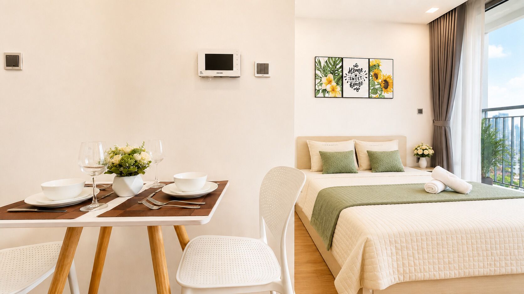 Habitación de hotel con una mesa de comedor, una cama con manta verde y vistas a la ciudad.