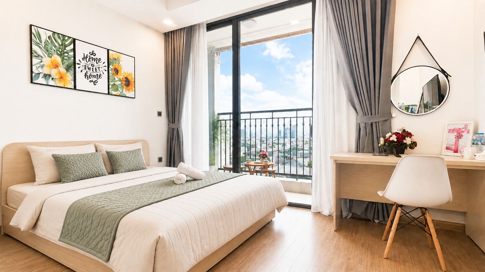 Estudio Deluxe | Escritorio, espacio para trabajar con un portátil, cortinas opacas