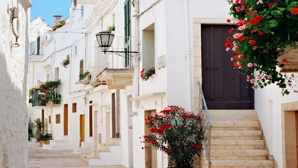 Une rue étroite bordée de bâtiments blancs, une porte sombre et un pot de fleurs rouge.