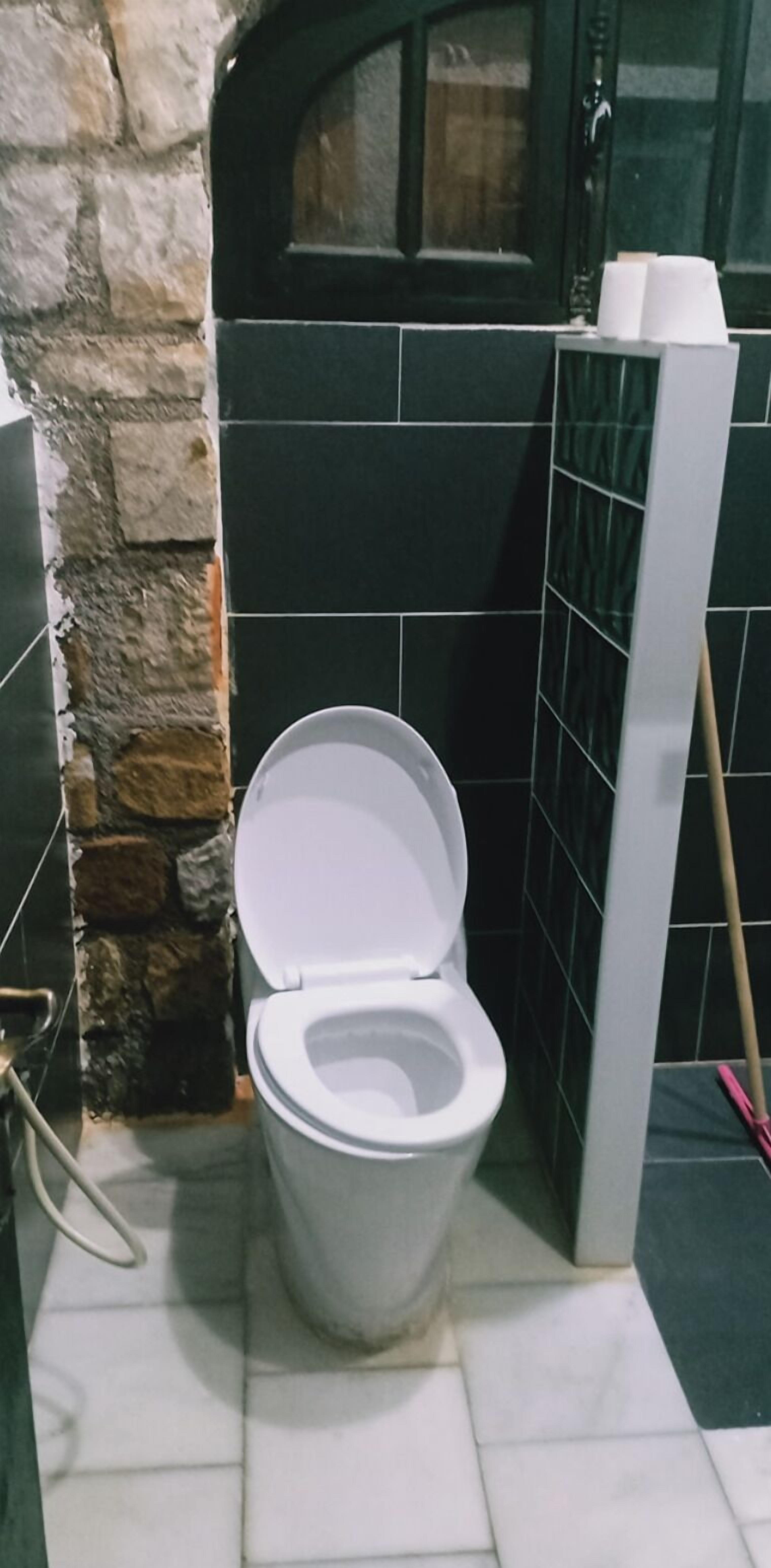 Ein kleines, kompaktes Badezimmer mit Toilette in Weiß, einer Wand aus Stein und dunklen Fliesen.