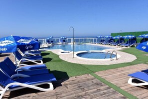 Seasonal outdoor pool, pool umbrellas, pool loungers