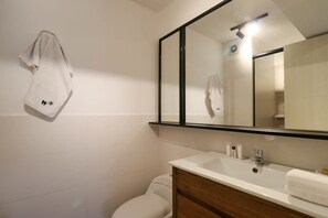 Chuveiro, secador de cabelo, toalhas de banho, shampoo
