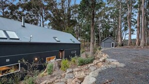 A modern black house with a sloped roof, a small attached garage, and a stone pathway leading to the entrance. - Serenity at Ridgeway Retreat Relax Hike Bike (Ridgeway)