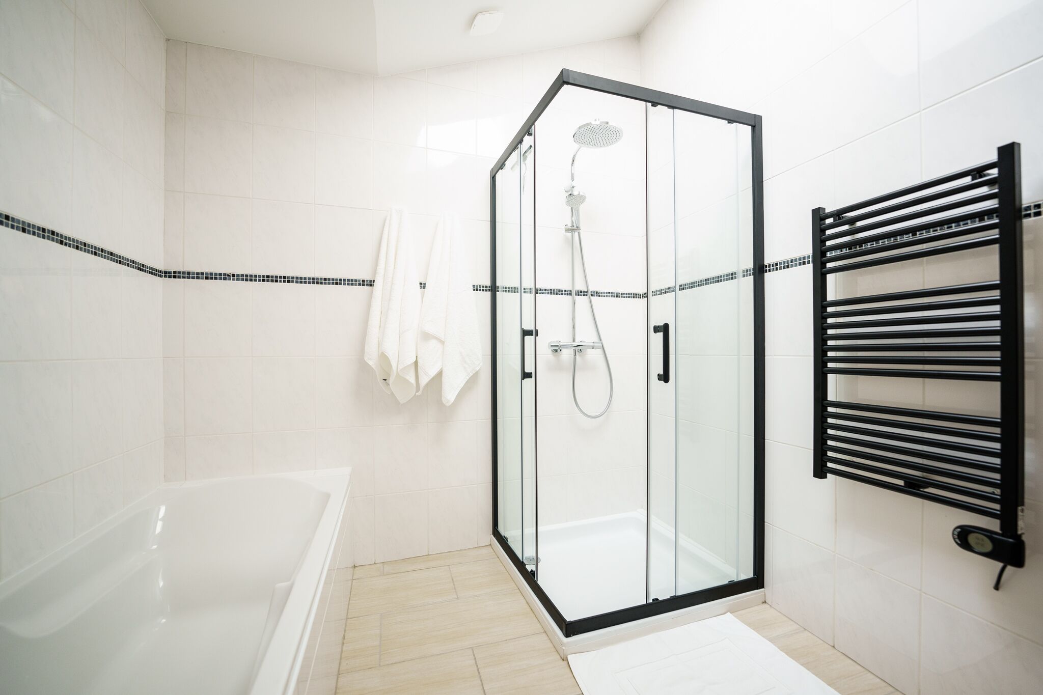 Shower, hair dryer, towels, toilet paper