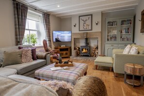 TV, fireplace, DVD player - Mae Cottage, Reeth, Yorkshire Dales (Reeth, Richmond)