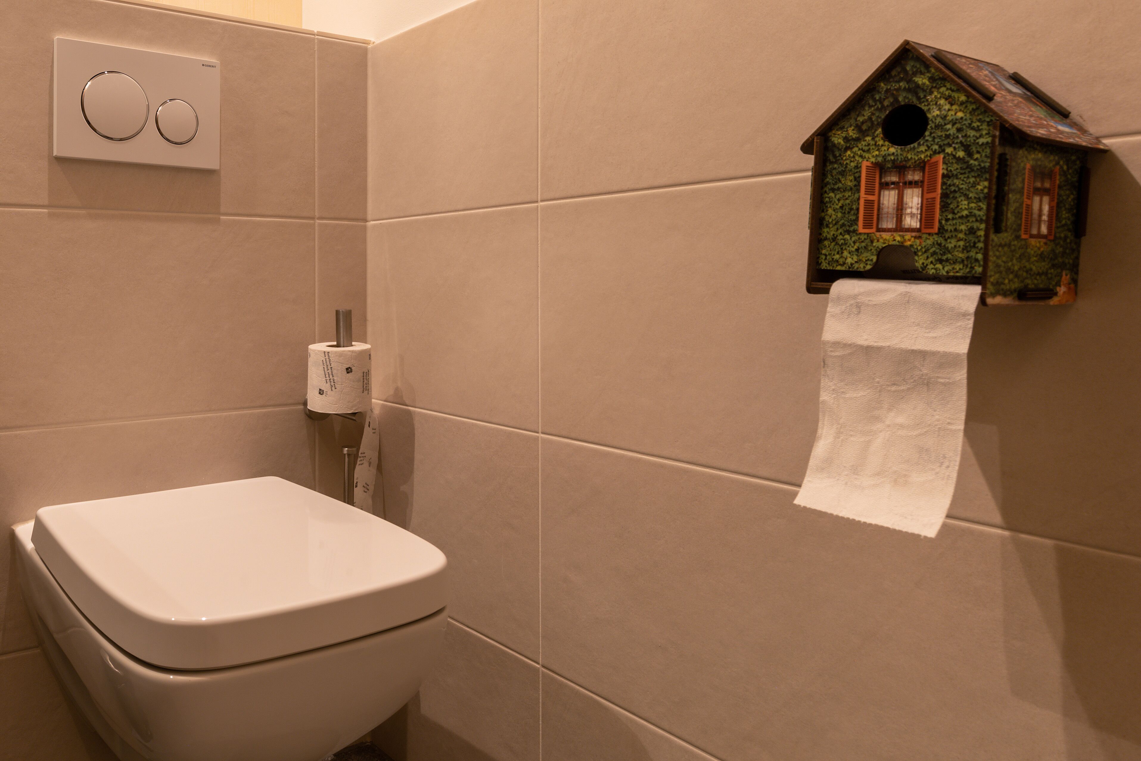A bathroom with a toilet, a wall-mounted toilet paper dispenser, and a decorative birdhouse on the wall.