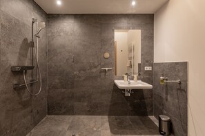 Habitación estándar con 2 camas individuales | Baño | Ducha, secador de pelo y toallas