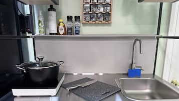 Fridge, microwave, coffee/tea maker, toaster