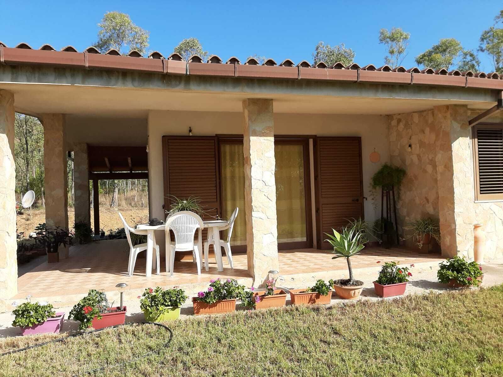 Un espacio de patio cubierto con mesa y sillas, rodeado de plantas en macetas.