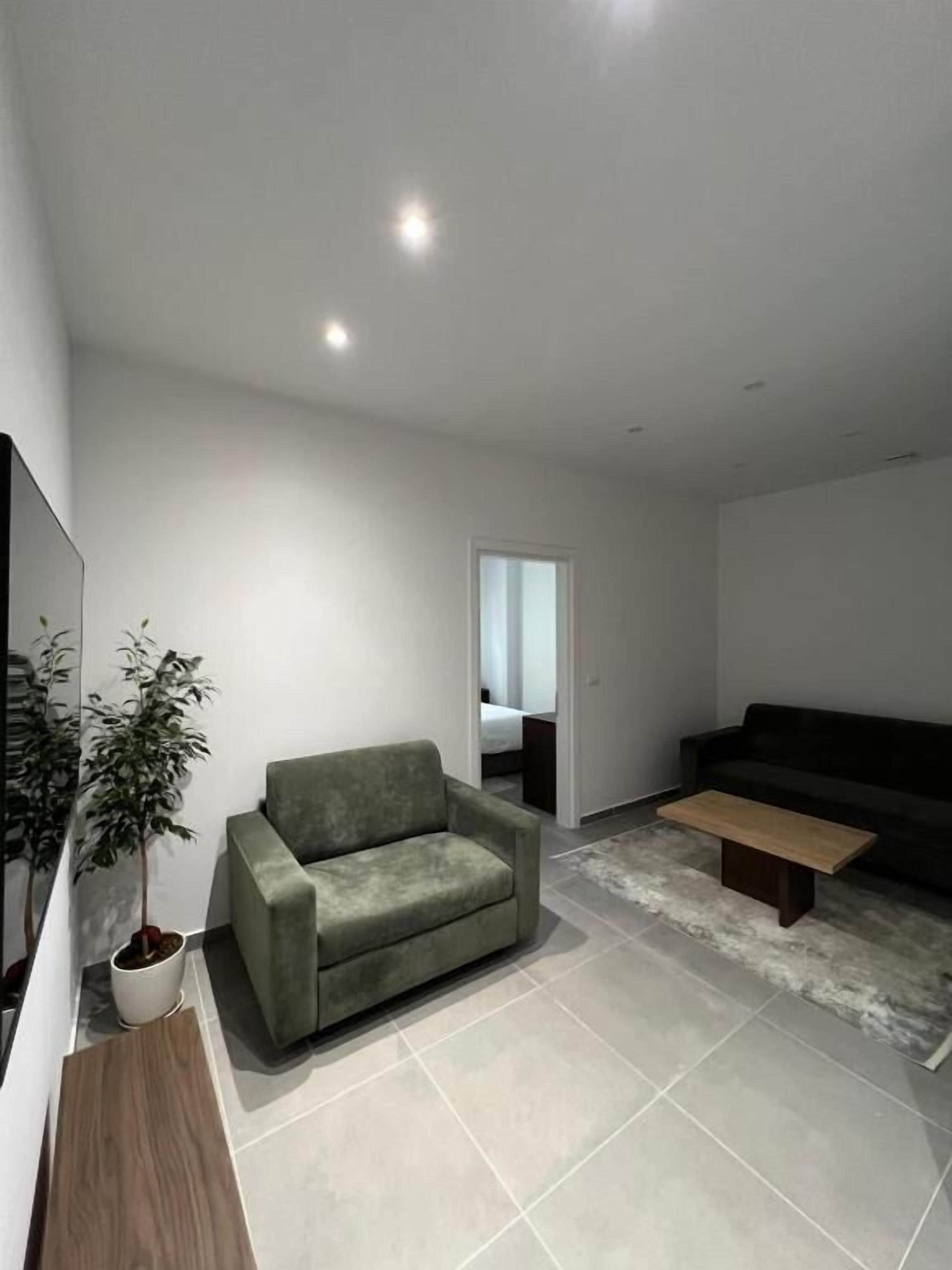 Un salon moderne avec un canapé, une table basse et une plante en pot.