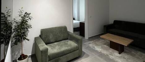 Un salon moderne avec un canapé, une table basse et une plante en pot.