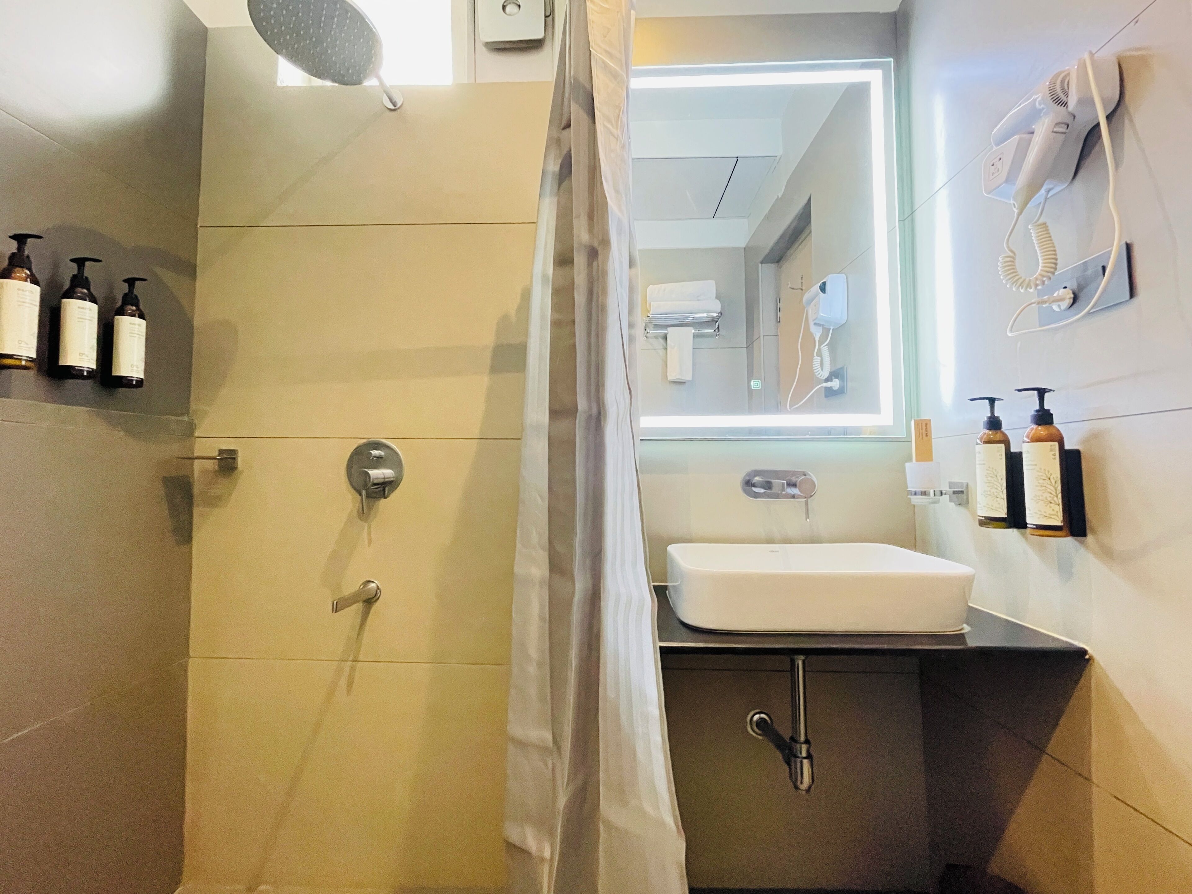 A modern bathroom with a shower, a sink, and a mirror.