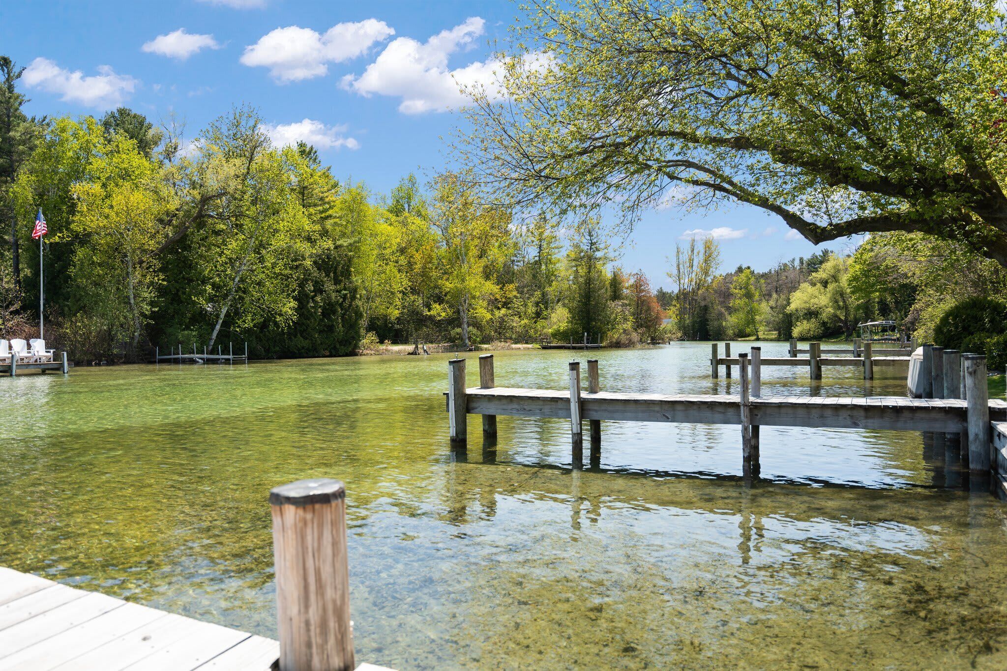 A clear lake with a wooden dock extending into the water, surrounded by trees and a clear sky.