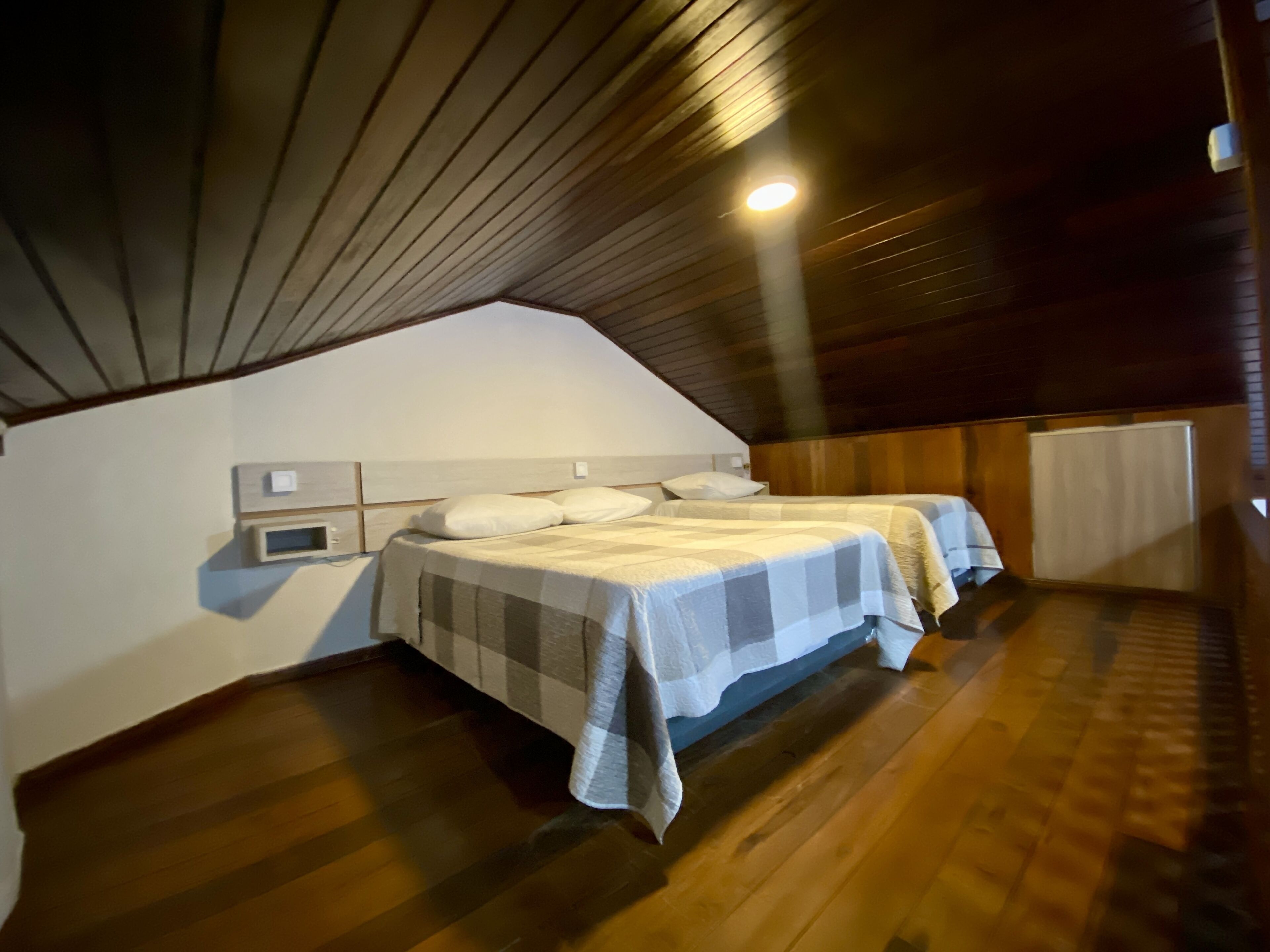 A bedroom with two beds, wooden flooring, a sloped ceiling, and a night light.