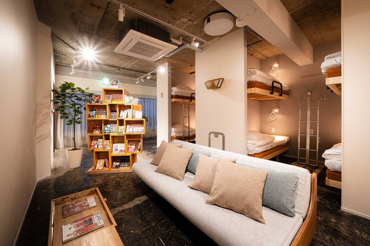 A cozy room with a sofa, bunk beds, a bookshelf, and a ladder.