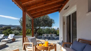 Un espace extérieur abrité, aménagé avec du mobilier en bois, une table sur laquelle se trouve un plateau de jus d’orange, et une vue sur le paysage.