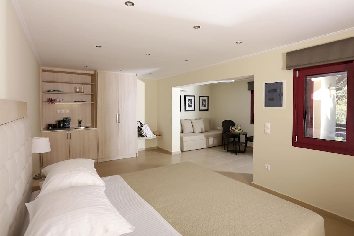 A bedroom with a bed, a desk, a chair, and a sofa.