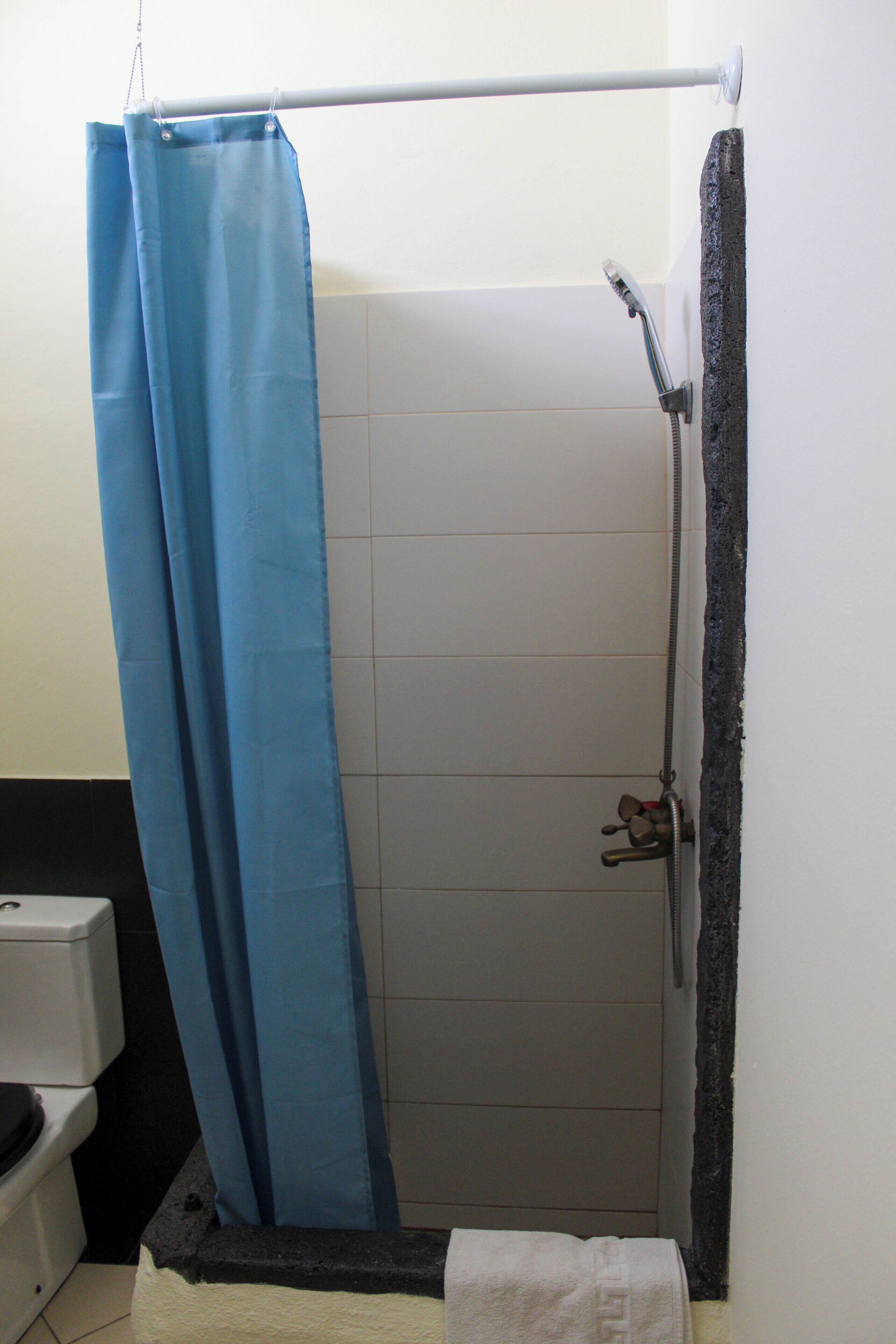 Un espace douche avec un rideau de douche bleu, des toilettes blanches et un porte-serviettes.