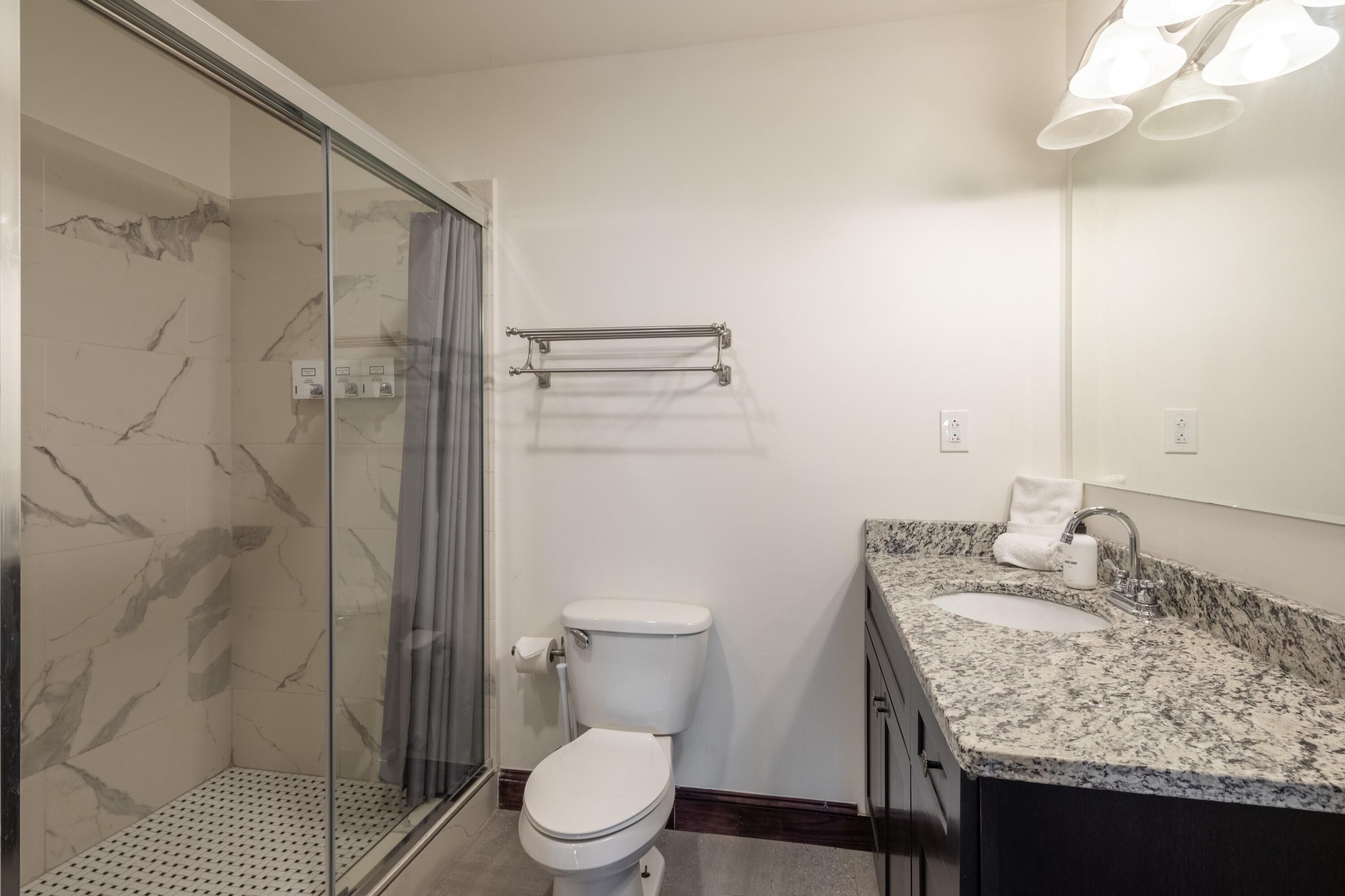 Une salle de bain avec une douche à parois de verre, des toilettes blanches, un lavabo sur un plan de travail en granit et un porte-serviettes.