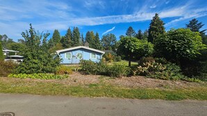 A blue house with a sloped roof, surrounded by dense greenery and trees. - Urlaub in der Meise (Winsen (Aller))