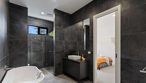 Shower, hair dryer, shampoo