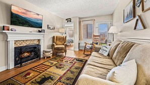 A living room with a fireplace, a sofa, a rug, and a television on the wall. - 2BR w/MTN Views + Downtown Views! Community Pool - Walk to Parkway! (Gatlinburg)