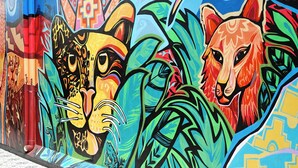 A mural with a large cat and a hummingbird, a round table with chairs, and a patterned floor. - Hotel GS (Salta)
