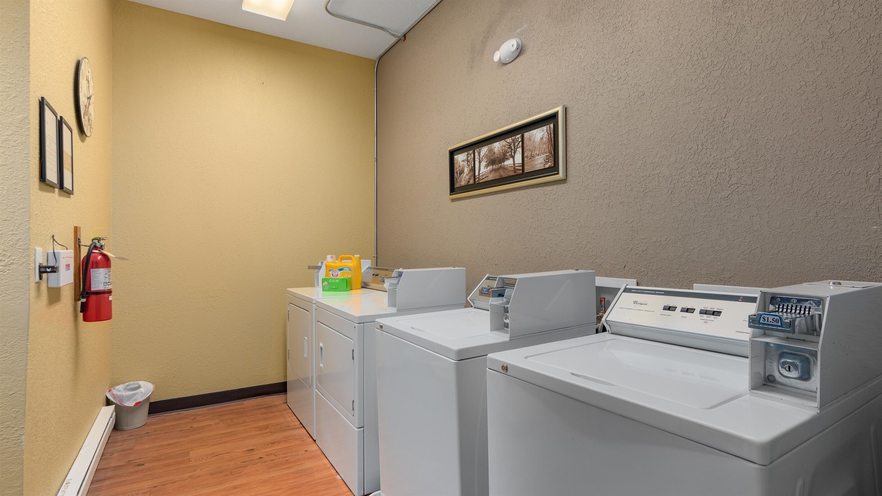 There's a shared coin-operated laundry room elsewhere in the building available to all guests.