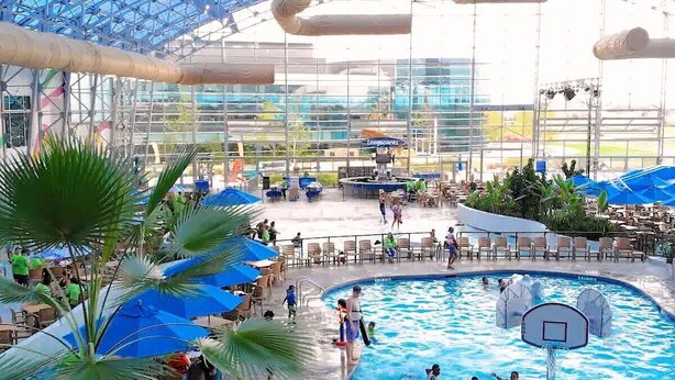 An indoor swimming pool with a glass ceiling, surrounded by lounge areas and palm trees. - Sleeps8.No Stairs,Carpet-Free Near Dallas Stadiums (Arlington)