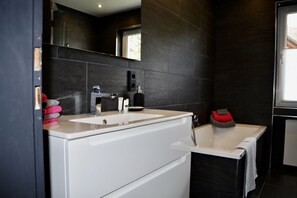 Hair dryer, towels, soap